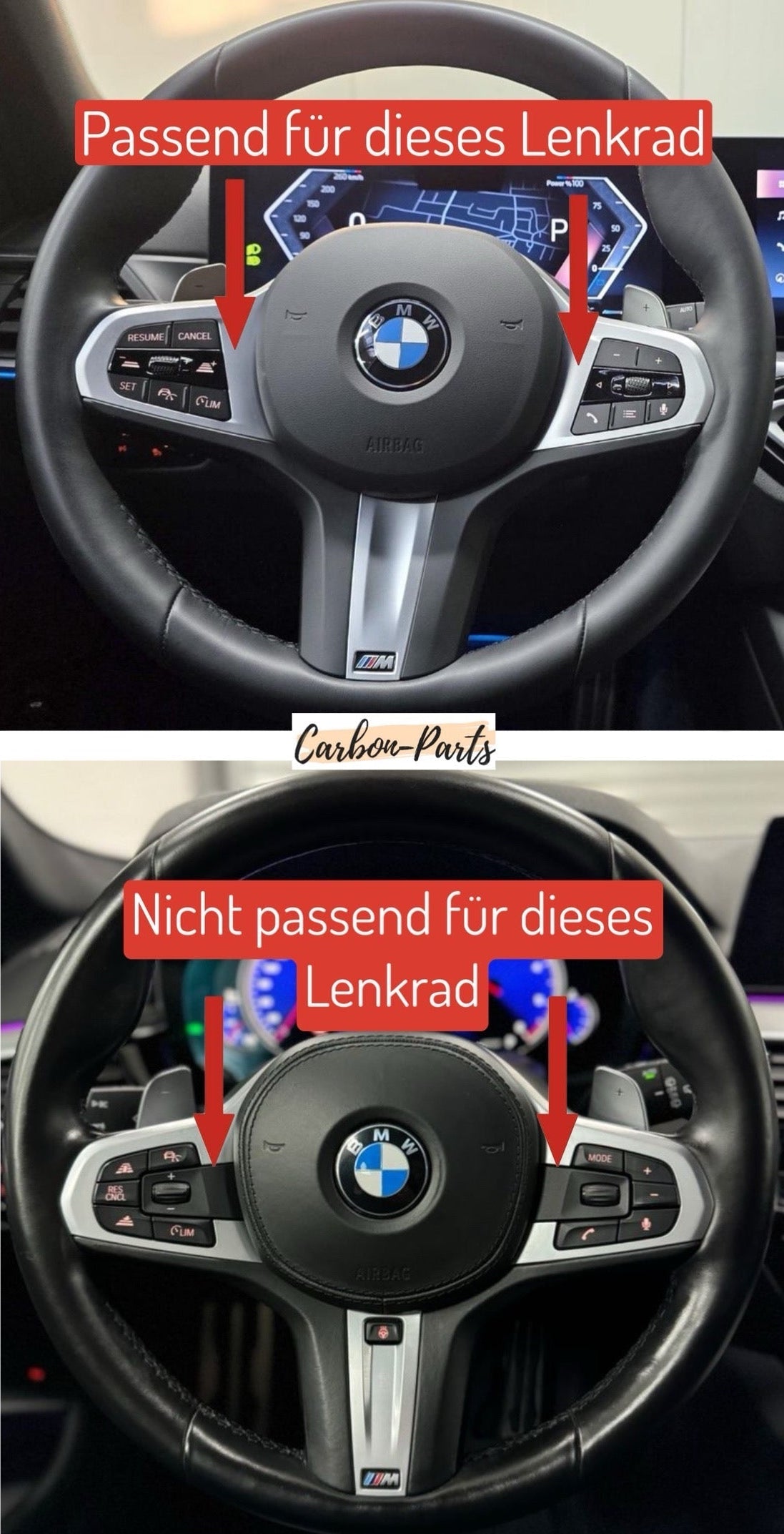 Gesamtansicht des installierten Echt-Carbon Lenkrad-Covers im BMW Cockpit.