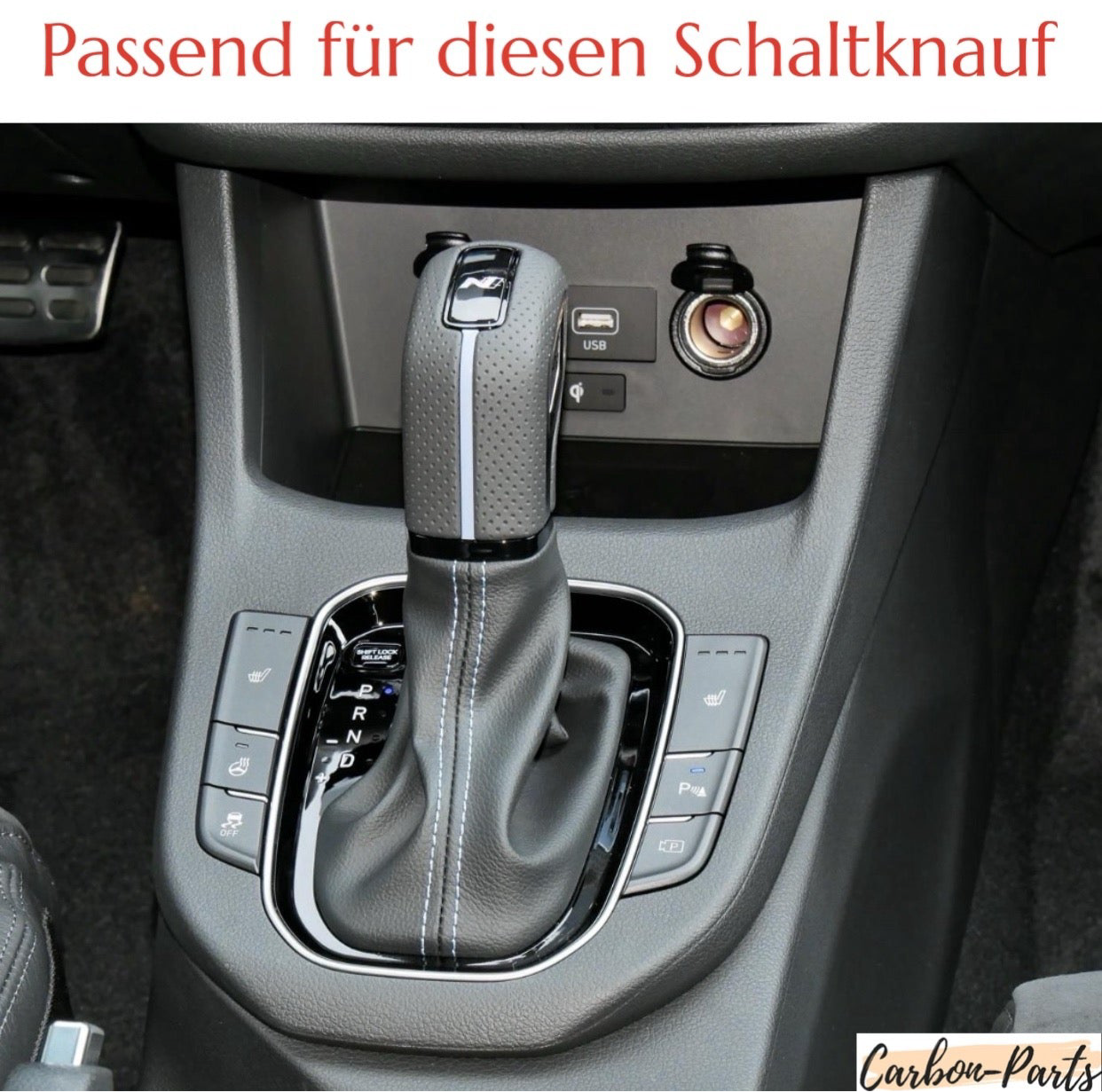 Präzise Passform des Carbon-Covers auf dem originalen Hyundai N Schalthebel.