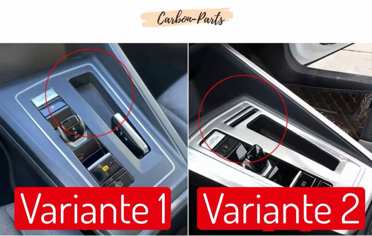 Detailaufnahme der hochwertigen Echt Carbon Struktur des Mittelkonsolen-Covers passend für Volkswagen Golf 8 GTI, GTD, GTE und Golf 8 R.