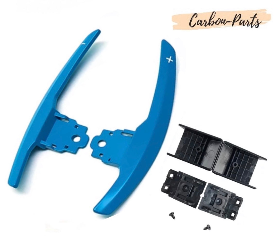 Blaue Aluminium Schaltwippen-Verlängerung passend für BMW 3er F30 und 4er F32.