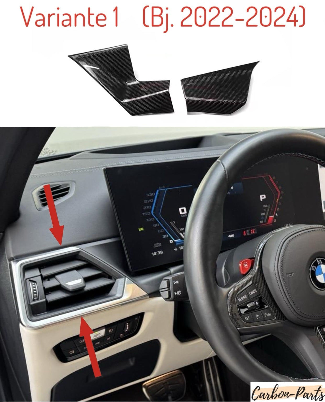Präzise Aussparungen für die Lüftungsdüsen im BMW G-Serie Carbon Armaturenbrett-Cover.