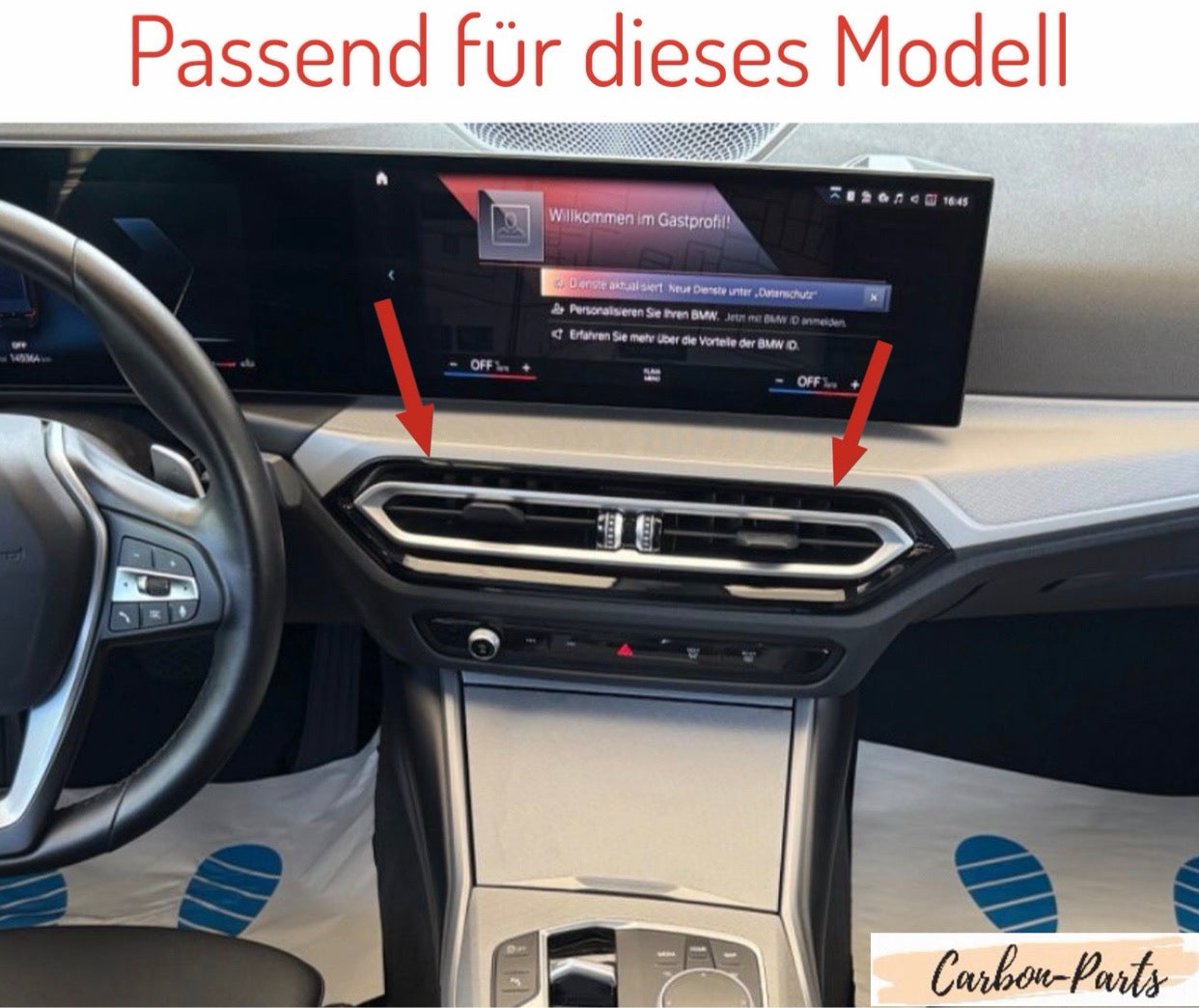 Gesamtansicht der installierten Echt-Carbon Dekorleiste im BMW G-Serie Innenraum.