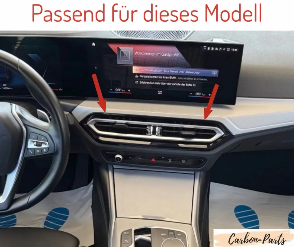 Gesamtansicht der installierten Echt-Carbon Lüftungsrahmen im BMW G-Serie Innenraum.