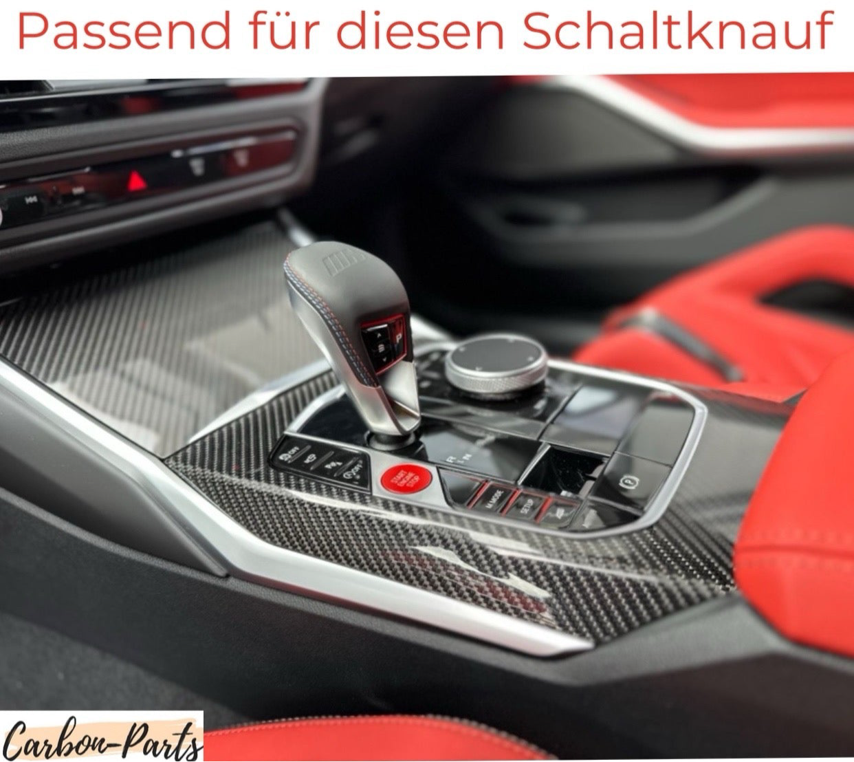 Präzise verarbeitetes Carbon-Cover für den BMW M8 F93 Schalthebel.