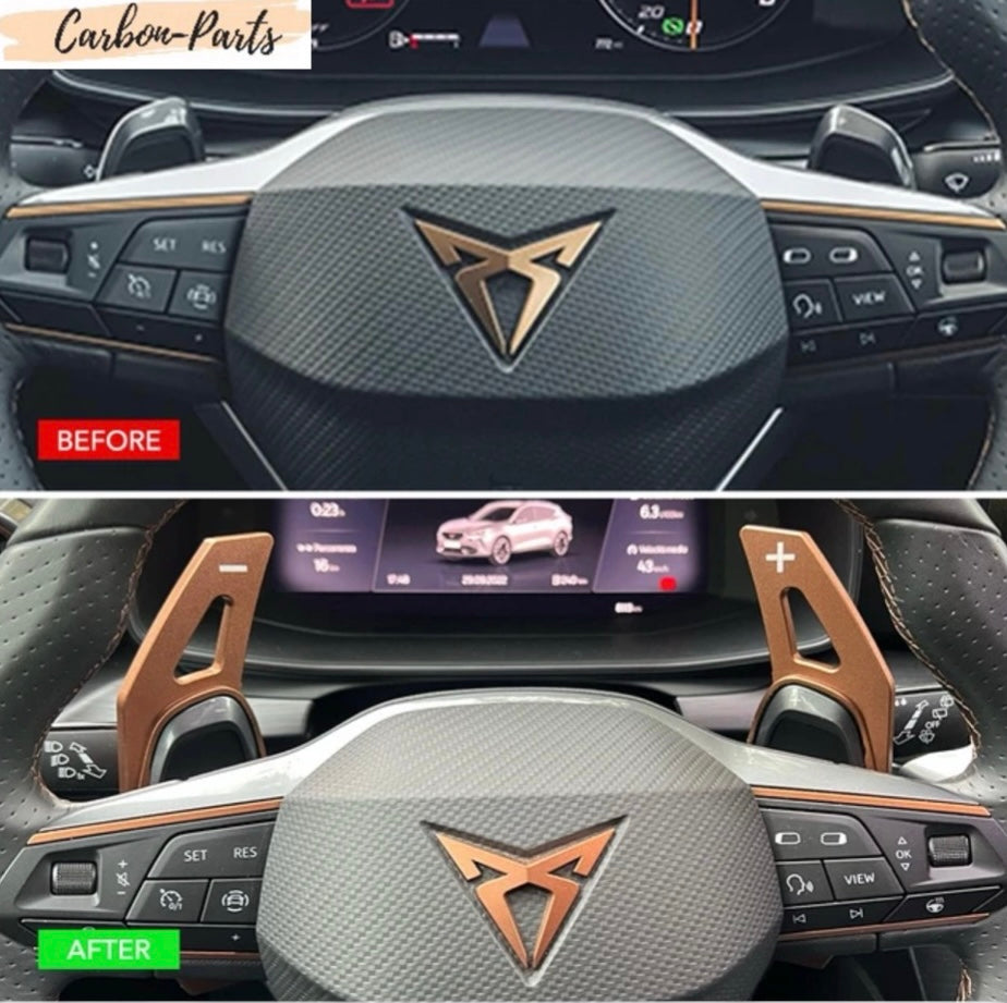 Sportliche Schaltwippen-Verlängerung in Kupfer für den Cupra Ateca ab Modelljahr 2020.
