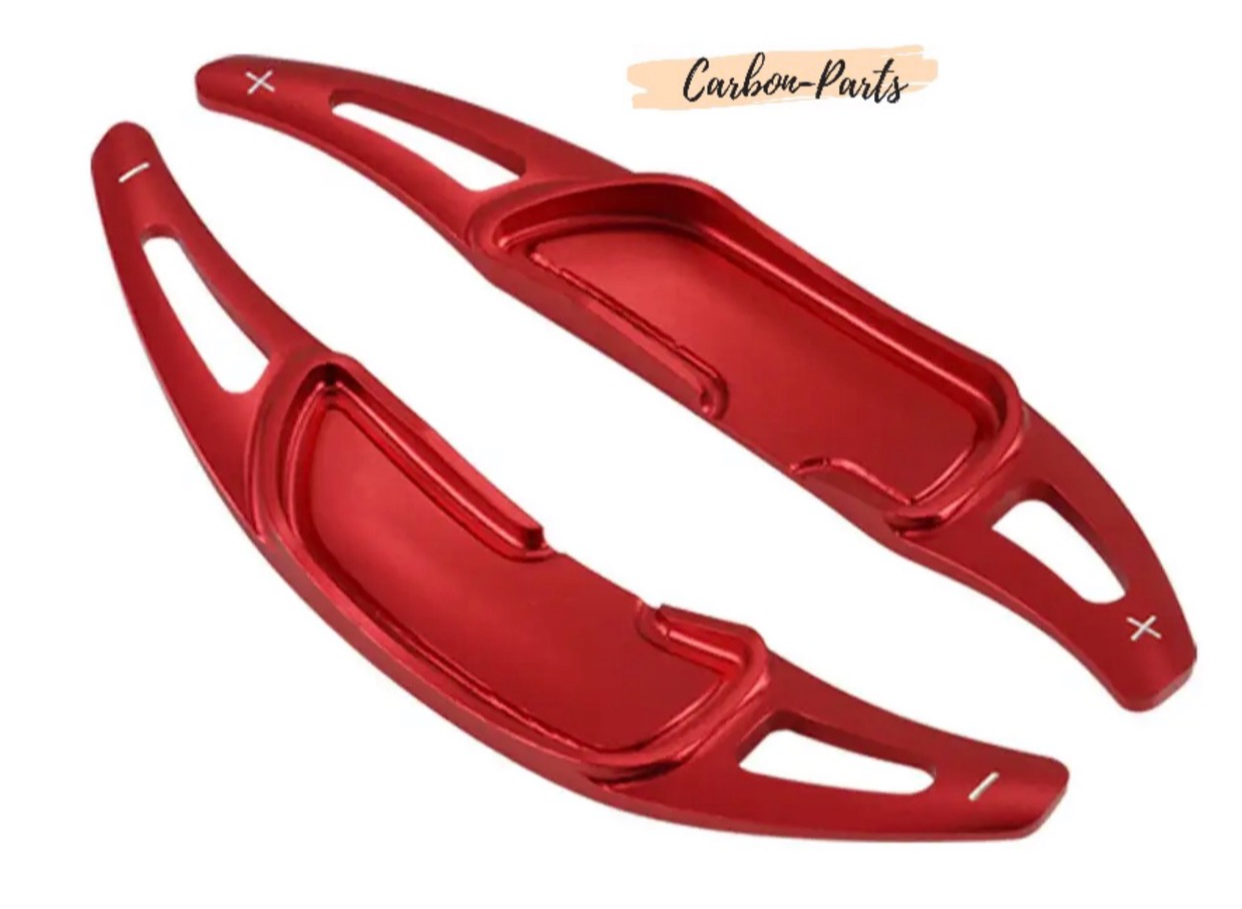 Rote Aluminium Schaltwippen für Mercedes A45, CLA45 und GLA45 AMG.