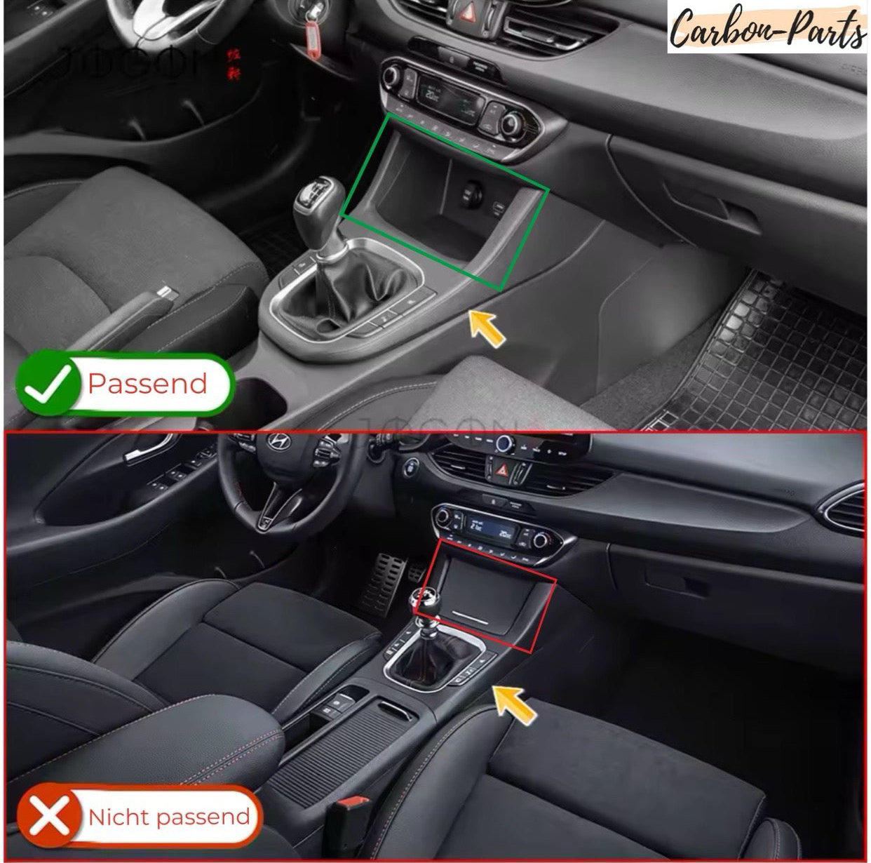 Millimetergenaue Passform des Carbon-Covers auf der originalen Hyundai i30 Mittelkonsole.