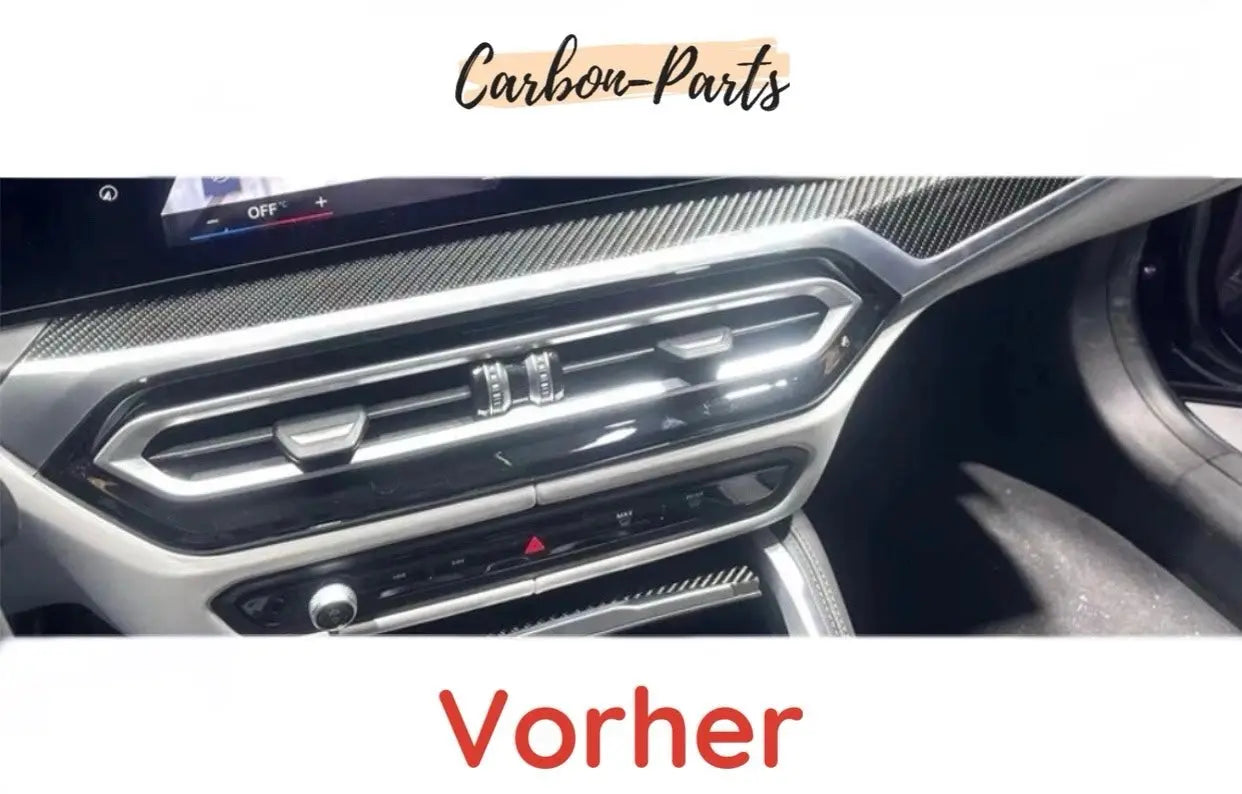 Optischer Vergleich: Standard Lüftungsrahmen vs. Echt-Carbon Upgrade im BMW G20/G22.
