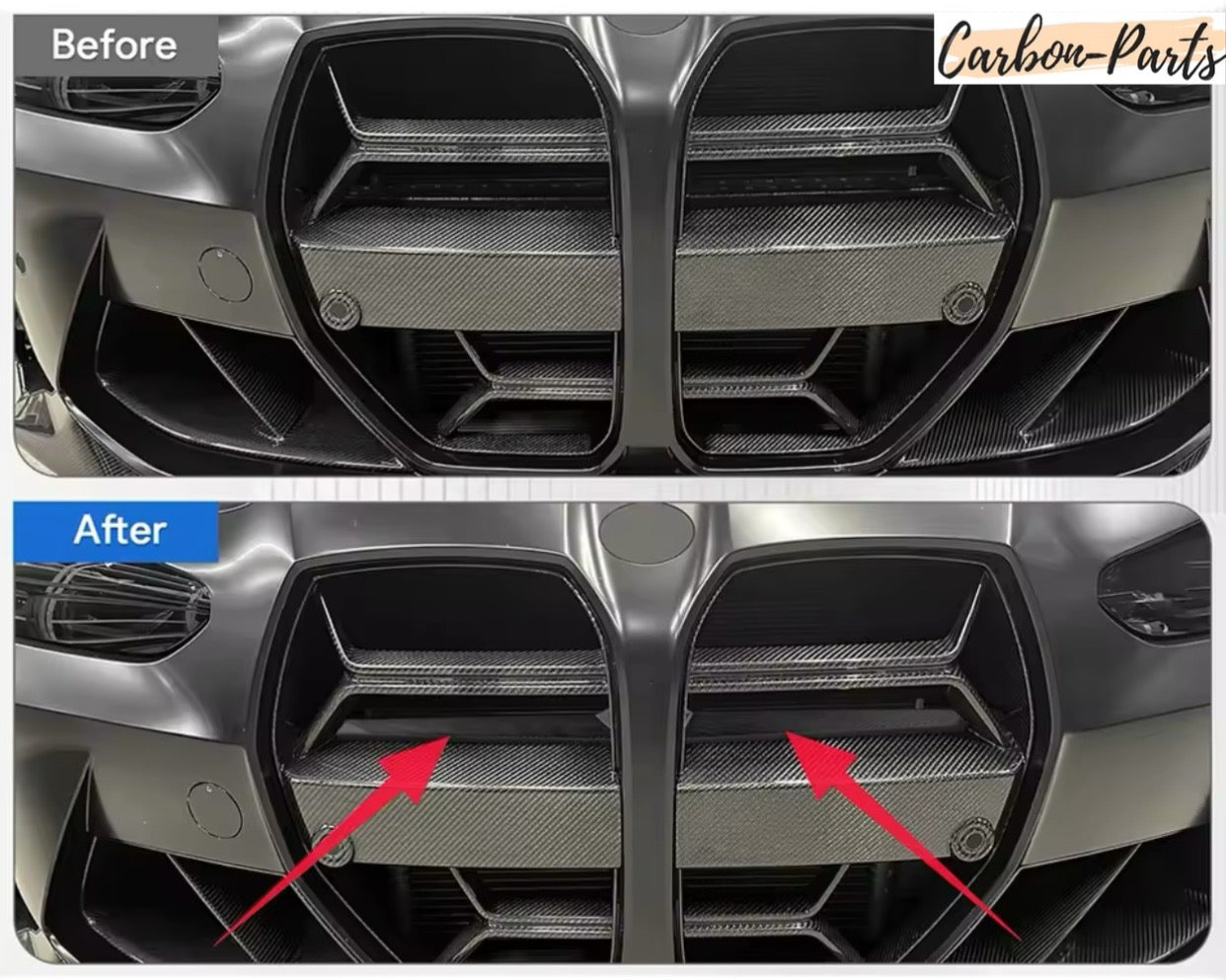 Vorher-Nachher Vergleich: Grauer Prallschutz vs. edles Echt-Carbon Cover am BMW M4.